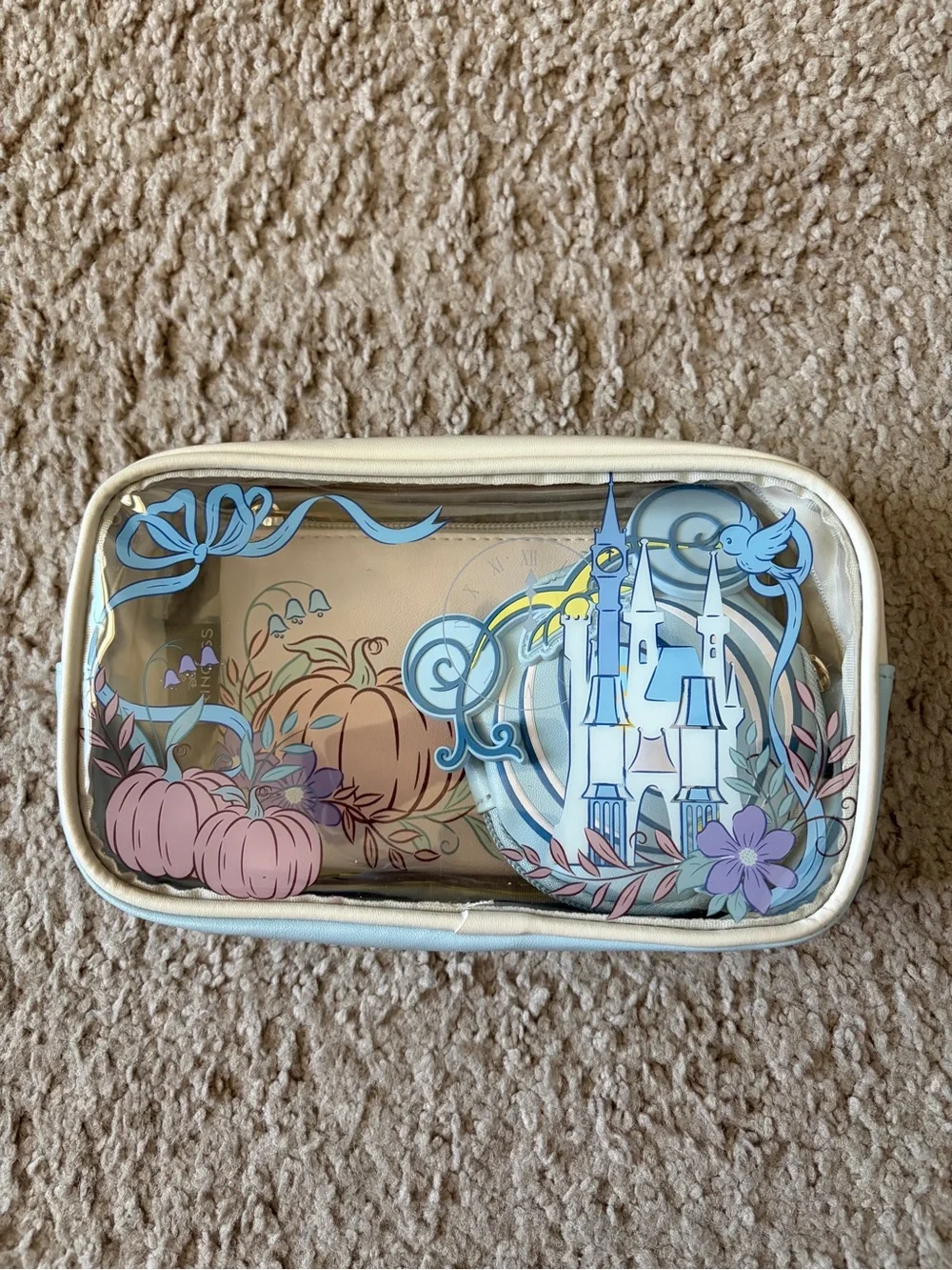 Disney Clear Cosmetic Bag with Pastel Pink Pumpkins & Blue Castle